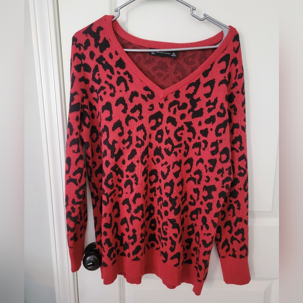 Leopard Print V-Neck Sweater - Red and Black